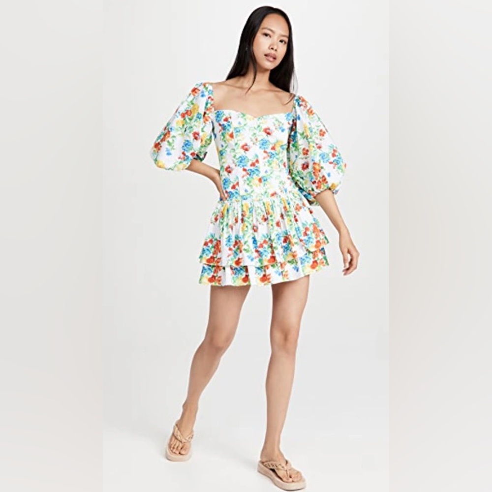 Caroline Constas Cottagecore Floral Tiered Mini Dress 80s Puff Sleeve M $495